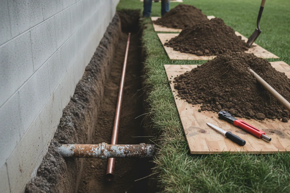 Excavated water line trench during Sewer Line Repair in Delmont
